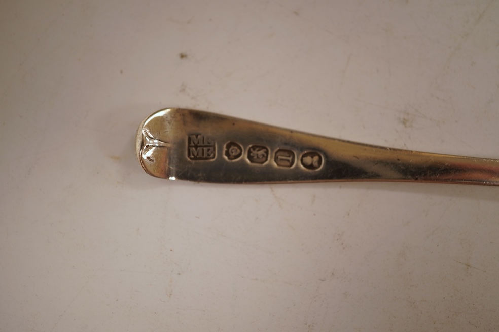 A small collection of nine assorted Georgian and later small silver or white metal spoons, including mustard ladles and other condiment spoons, a caddy spoon, London, 1799, together with a 19th century Russian 84 zolotni